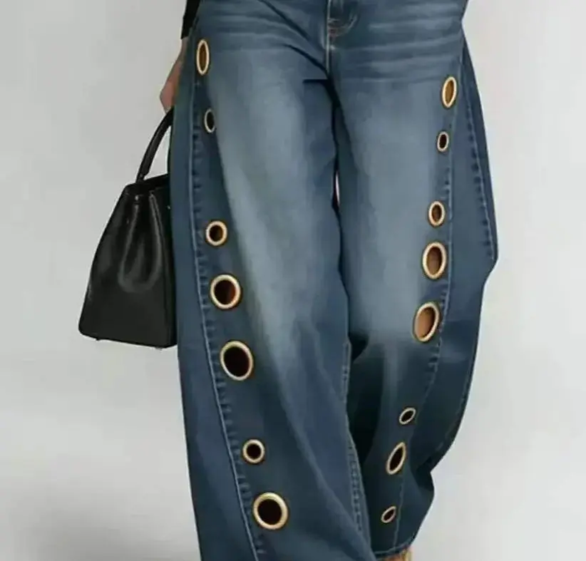 American High Street Straight Leg Jeans Women Metal Ring Hollow Long Jeans Autumn Casual High Waist Pockets Baggy Denim Pants