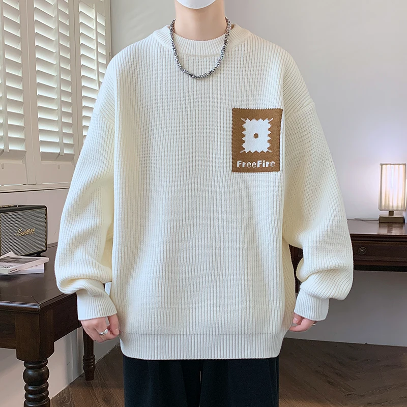 New Men O-Neck Solid Color Sweater with FreeFire High Quality Fashion Casual Korean Men Sweater Loose Long Sleeve Men Pullovers