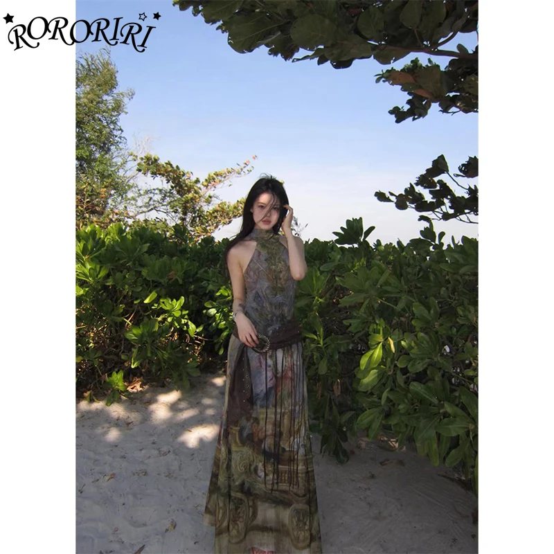 RORORIRI Vintage pittura a olio dolcevita abito intero ritagliato senza schienale gonna lunga per abiti da donna abito da spiaggia per le vacanze croce