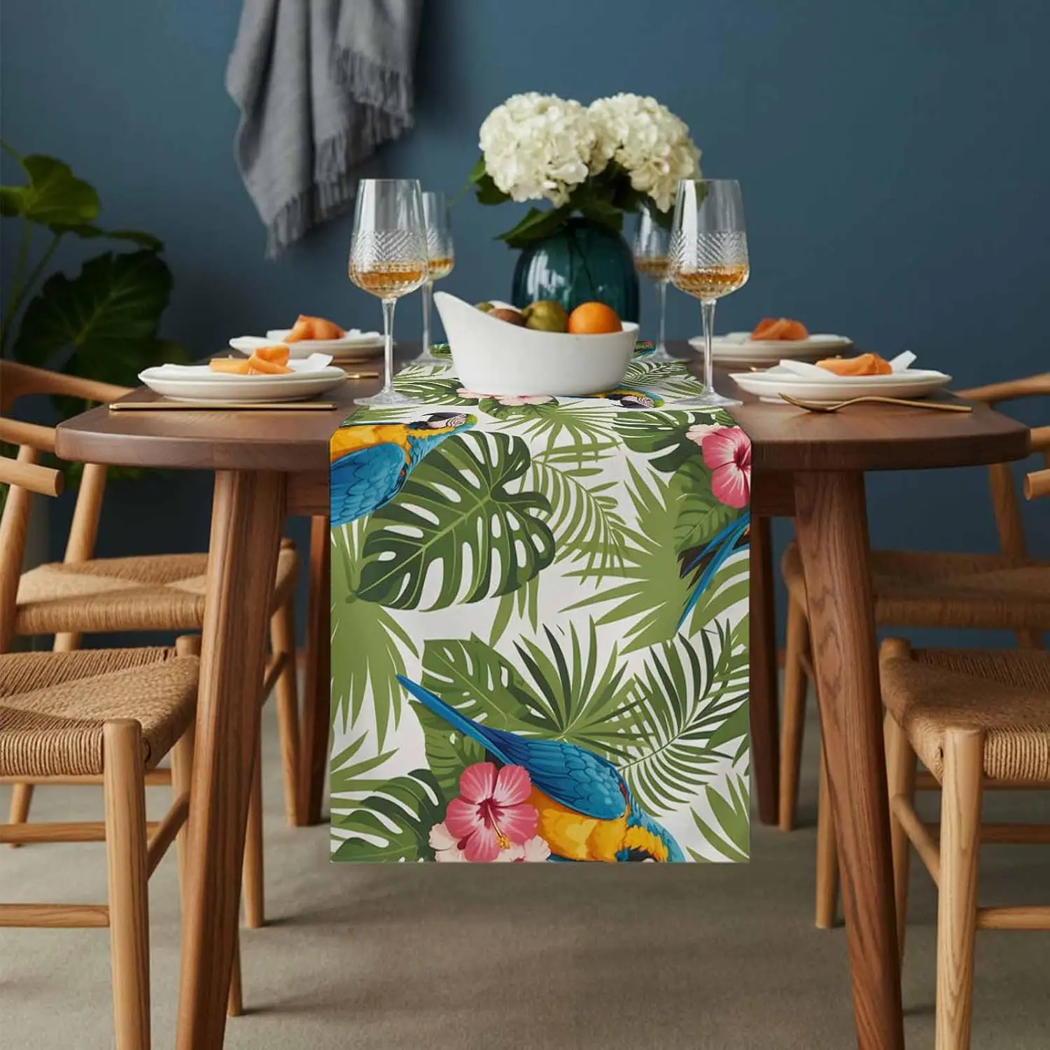 Blue Parrot Floral Leaf Linen Table Runner Holiday Party Decor Tropical Palm Leaves Flower Plants Table Runners Home Decorations