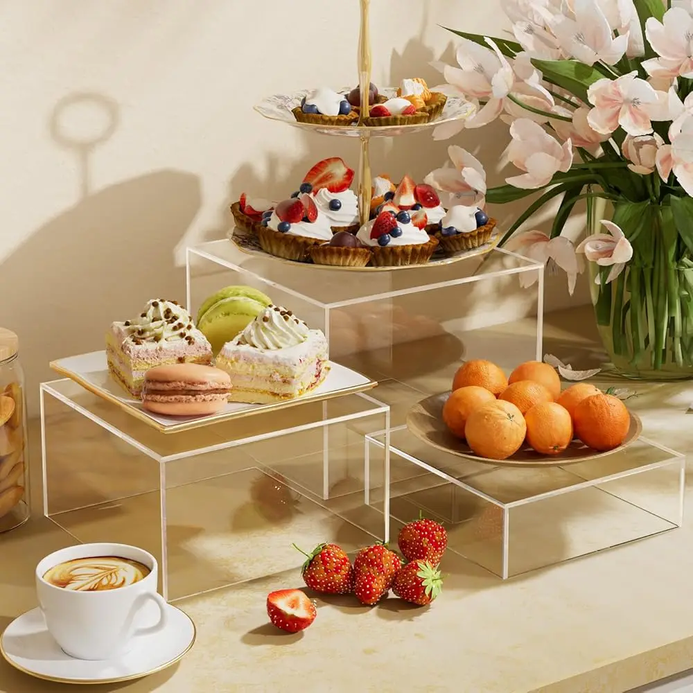 3-teilige Acryl-Buffet-Riser, Lebensmittel-Display-Ständer für Buffettisch, Dessert-Würfel-Boxen mit hohlem Bot für Party-Lebensmittel-Display,
