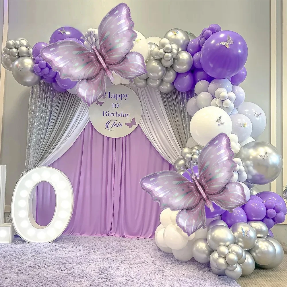 147pcs/Set Purple Butterfly Foil Balloons Purple Silver Balloon Birthday Baby Shower Wedding Party Decoration Supplies