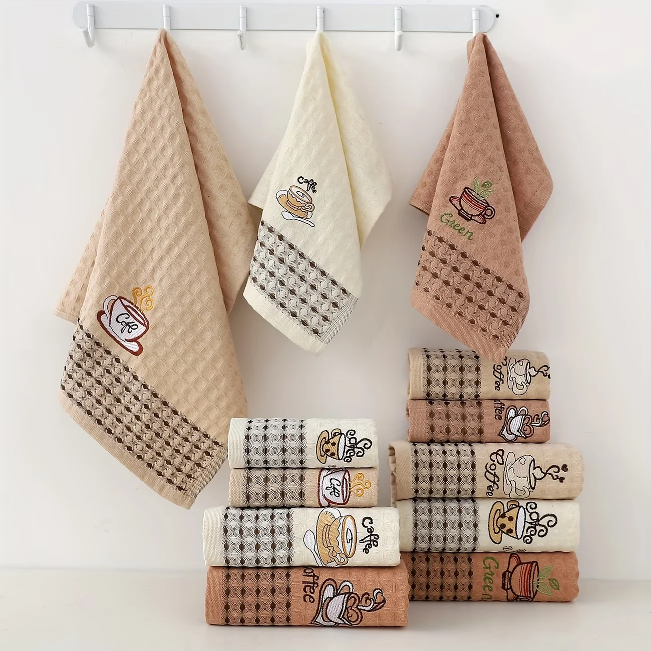 Juego de toallas de cocina bordadas con taza de café, paños de limpieza de cocina súper absorbentes de secado rápido, herramienta para el hogar, 1 ud./6 uds.