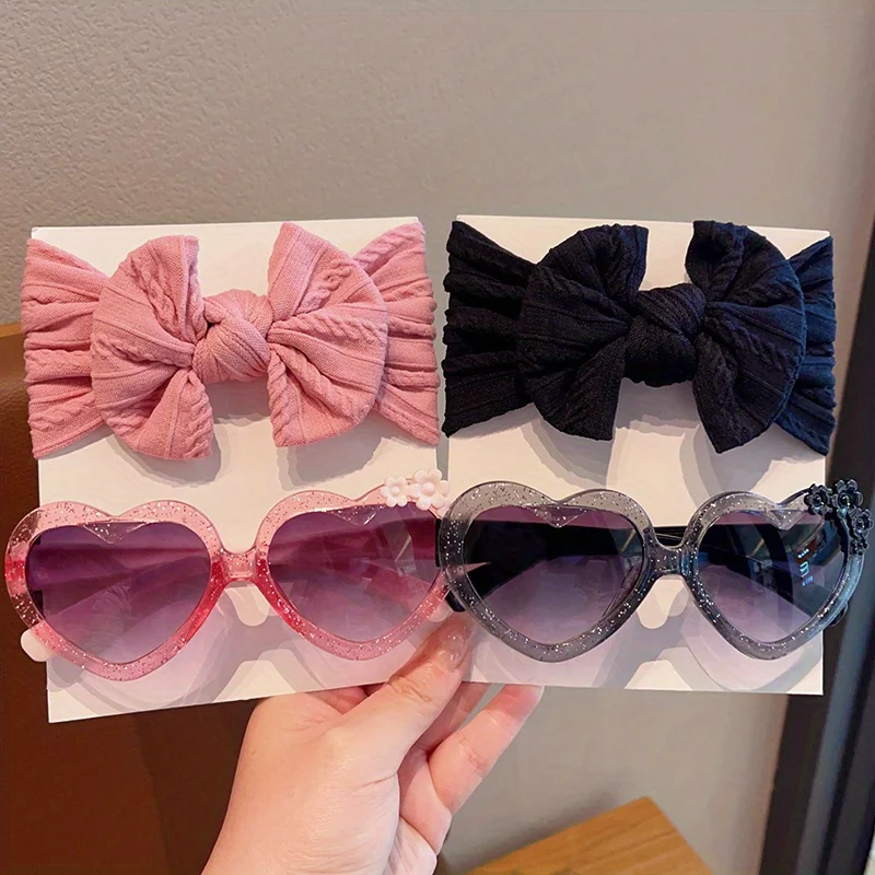 Toddler Baby Girls Sunglasses & Bow Headband 2Pcs Set Love Heart UV Protection Cute Kids Hair Accessories Summer Beach Outfit