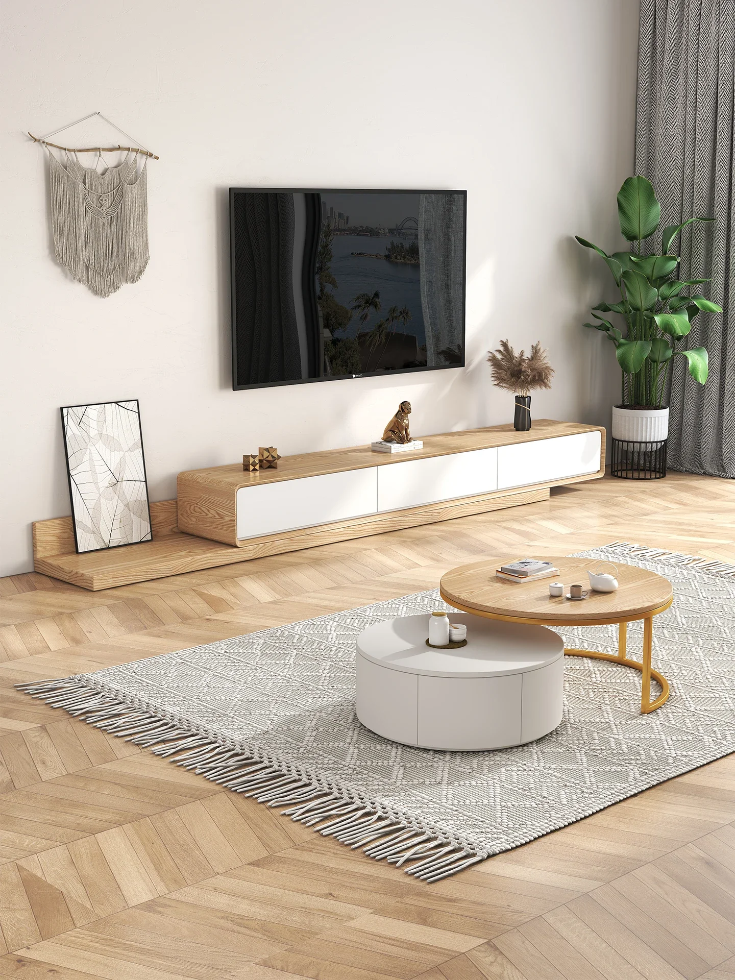 Nordic TV cabinet coffee table combination modern simple light luxury small apartment floor cabinet log color retractable