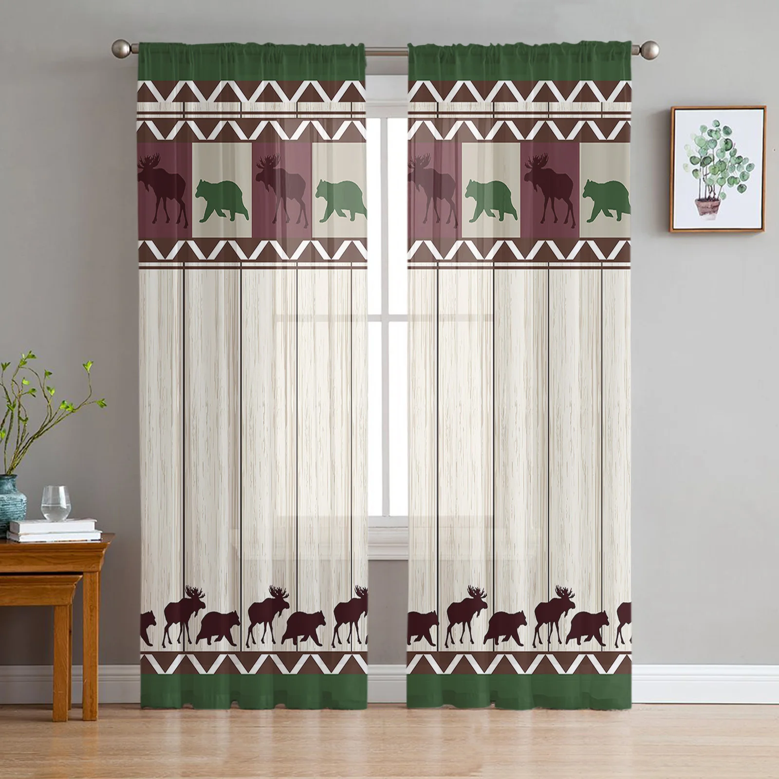 

Fall Bear Deer Vintage Farm Wood Grain Tulle Voile Curtains For Bedroom Window Curtain Living Room Sheer Curtains Organza Drapes