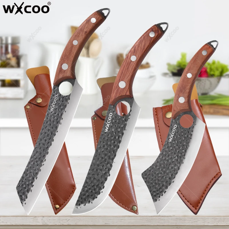 Hand-Forged Kitchen Knife Boning Knife Cleaver Sharp Slaughter Fleshing Solid Wood Handle Boning Small Machete with Cover
