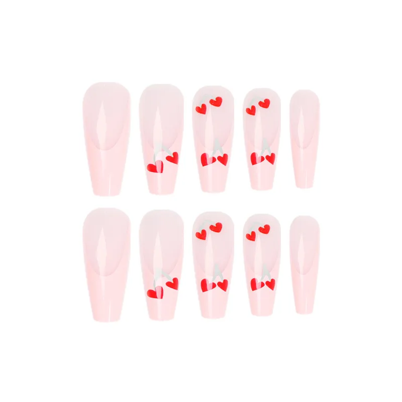 24Pcs Detachable Pink French Extra Long Coffin Fake Nails Full Cover Red Love Heart Cherry False Nails with Glue Press on Nails