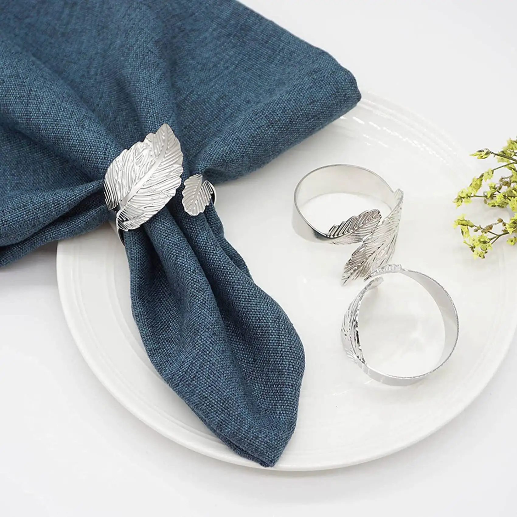 A53Q-Leaf Napkin Rings Set Of 12,Leaves Napkin Rings For Table Setting,Metal Leaf Napkin Holder Rings Silver