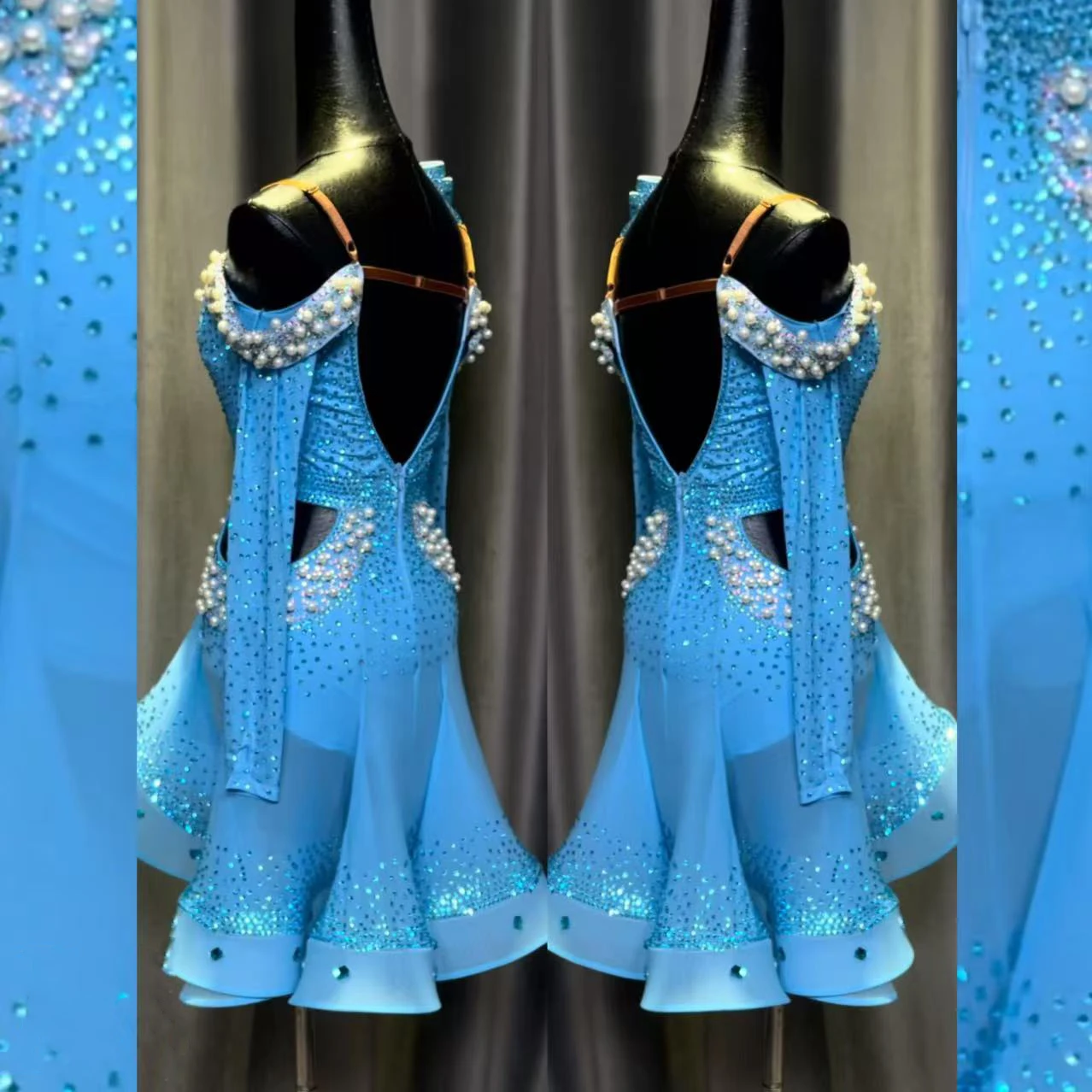

Латинская танцовщица для взрослых и детей, элитное платье на заказ синего цвета с жемчугом и жемчугом на одно плечо, танго, самба, AB, каменное платье для выступлений