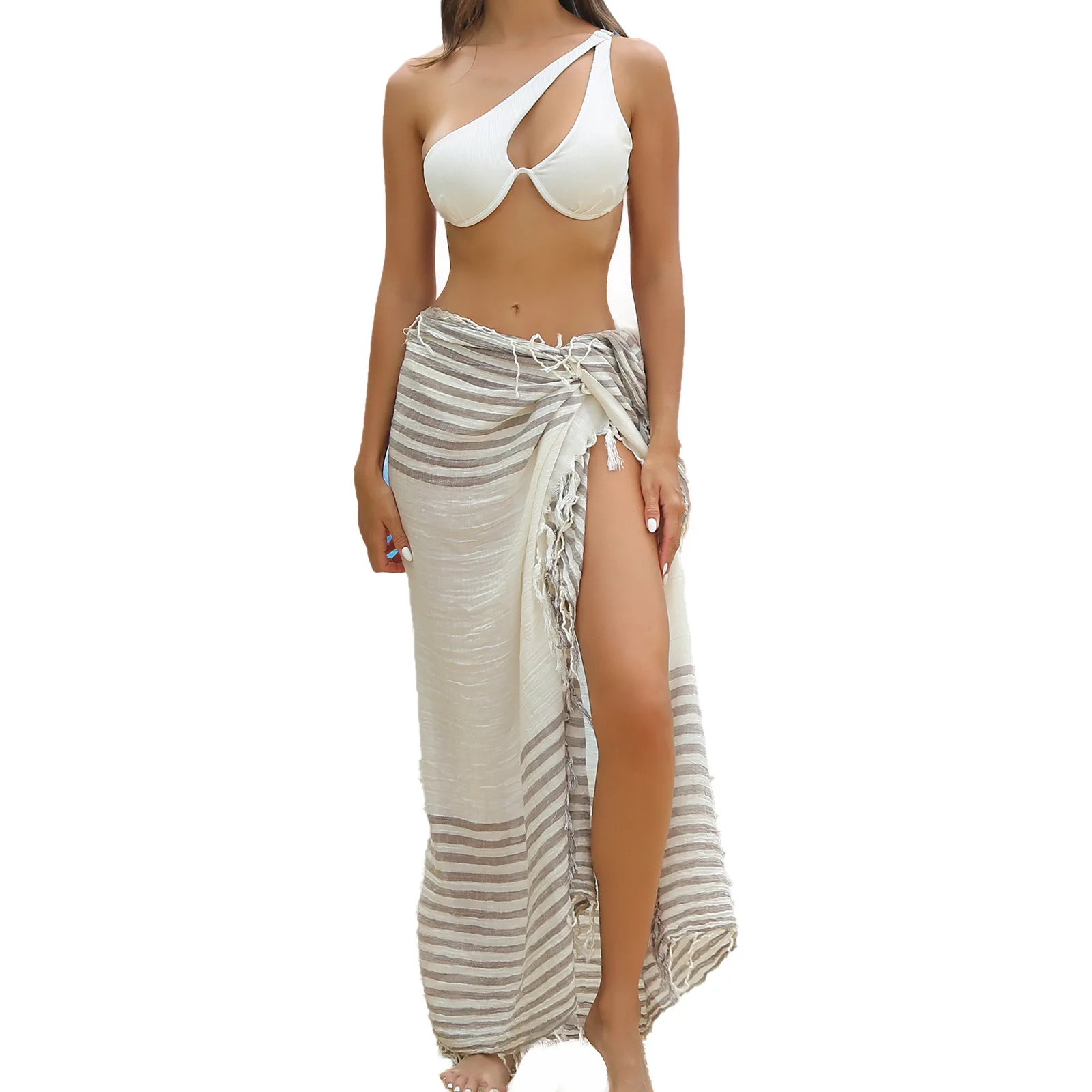 Sunscreen Beach Towel Skirt Blouse New Bamboo Cotton Sarong Striped Fringed Bikini Blouse