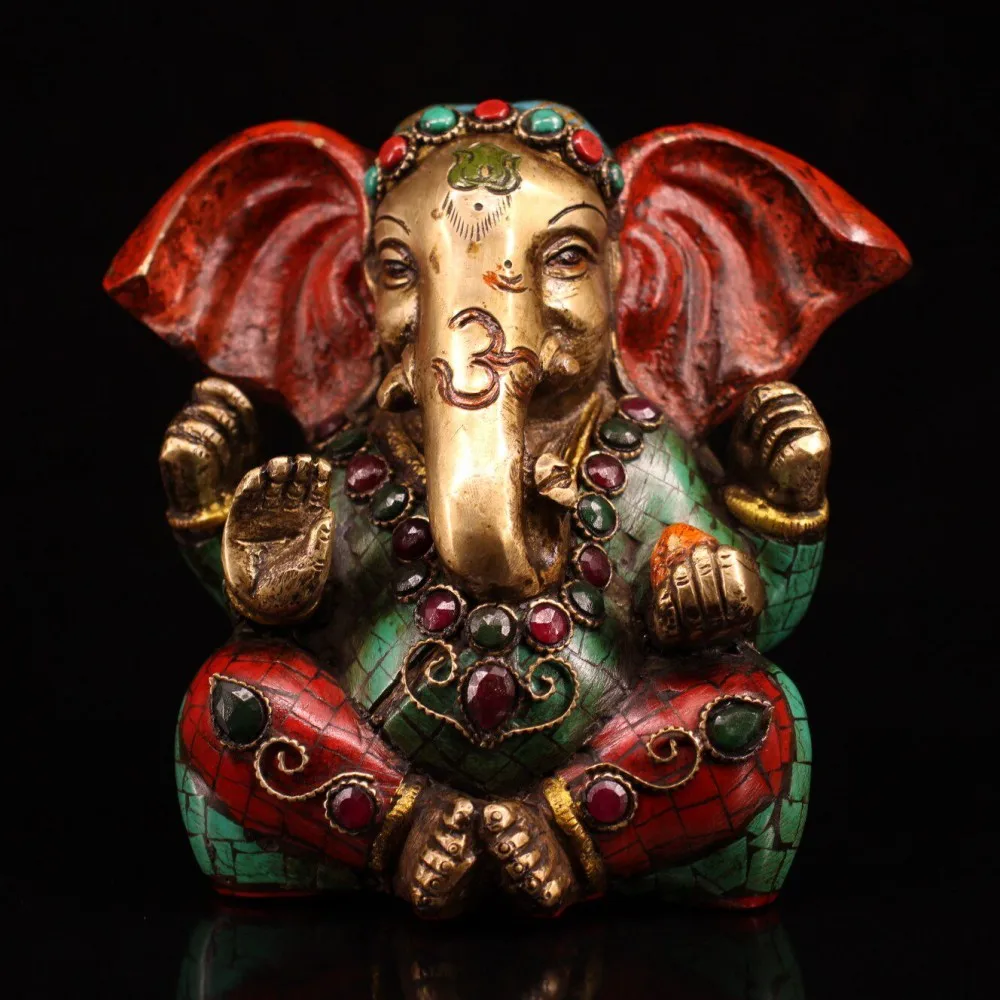 Nepal Style Pure Copper Handmade Ganesha Statue Gem Inlaid Gold Painted Home Altar Decor