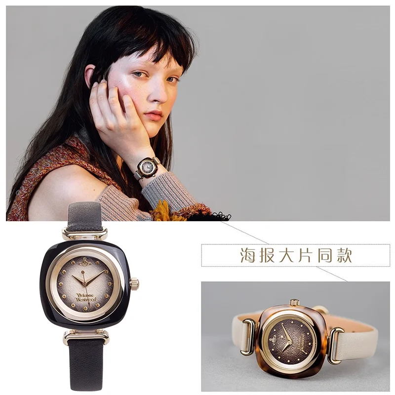 ヴィヴィアン ウエストウッド エレガント レジン スクエア ケース ブラック レザー ストラップ レディース ウォッチ