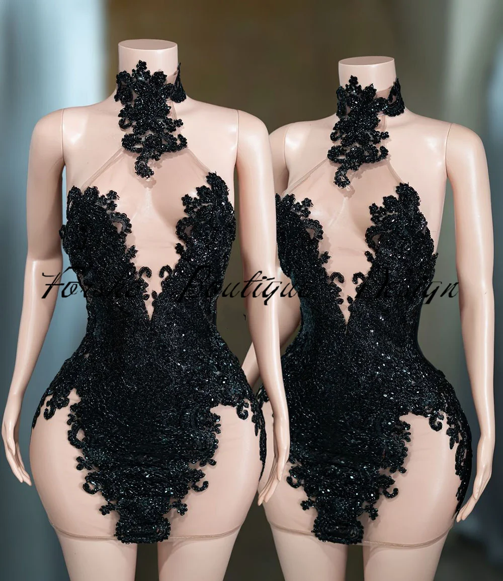 Black Birthday Outfits For Women Beading Applique Halter Short Prom Gowns Mini Cocktail Dress vestidos de gala