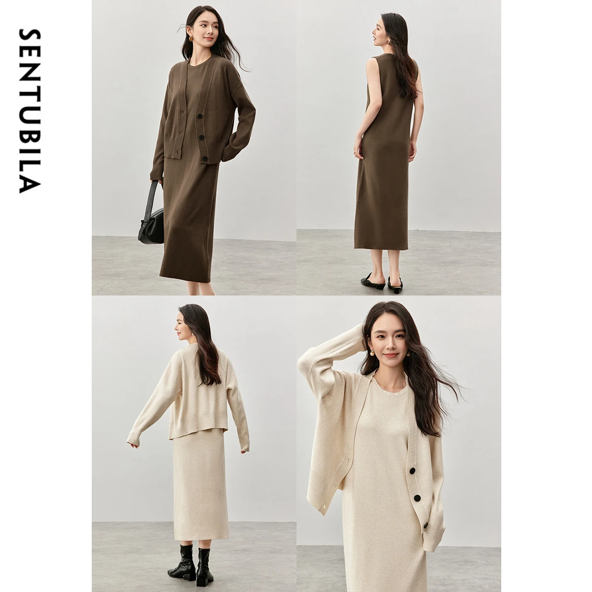 SENTUBILA Classic Women 2 Piece Set 2024 Winter Straight Knit Vest Dress V Neck Casual Loose Cardigan New Match Set W44Z57636