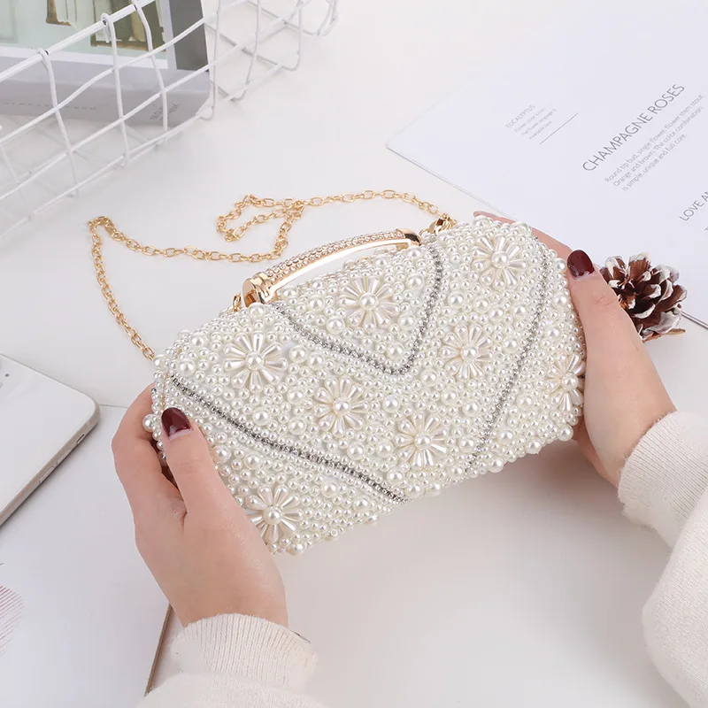 Fashion handmade party white beaded purse pearl clutch bag Handmade pearl diamond luxury sequins party ladies evening bag