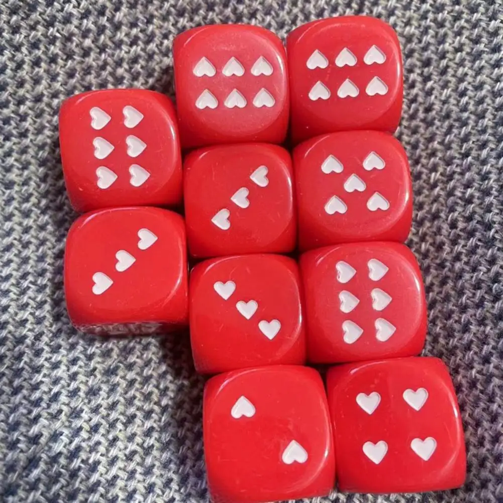 Durable Game Dice 10pcs 25mm Love Heart Acrylic Dice Set Corner Six-sided Game Dice Drinking Board Game Prop Equipment Kit Set