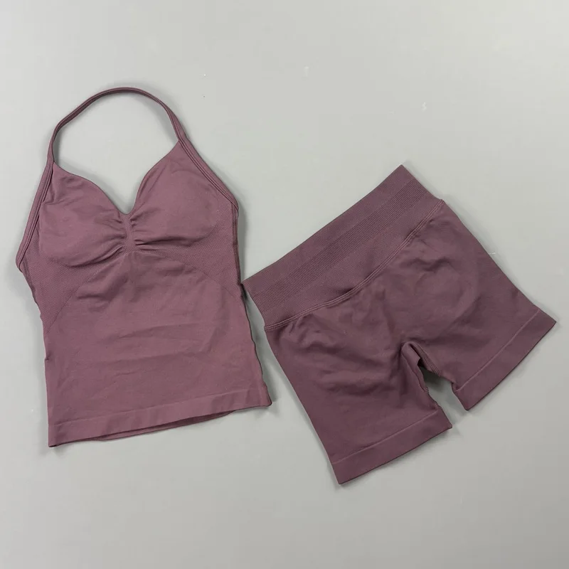 HITELLO Gym-Shorts-Set für Damen, nahtlos, Yoga, Longline-Top mit Trägern, Scrunch-Butt-Workout-Shorts-Set, Fitness, zweiteiliger Sportanzug – Detail 9
