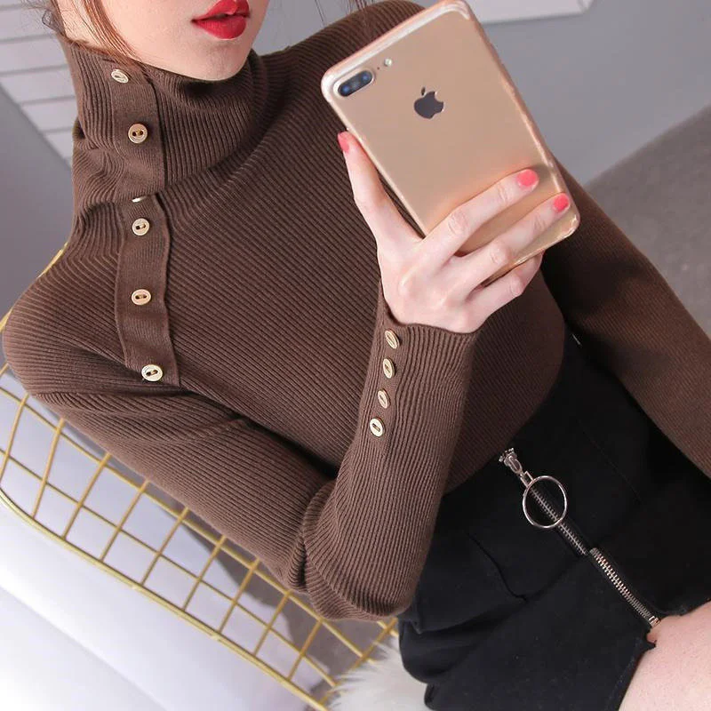 Autumn Winter Women Turtleneck Button Chic Basic Knitwear Elegant Office Lady Solid Pullover Top Knitted Sweater Jumper Clothing