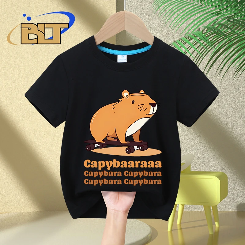 Capybara on Skateboard cartoon print kids T-shirt summer children's cotton short-sleeved casual tops