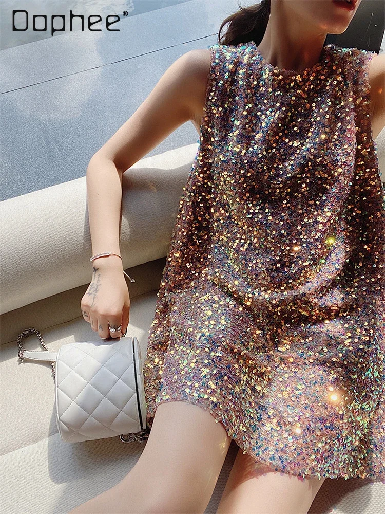 

Luxury Sequin Tank Dress Shiny A-line Round Collar Sleeveless Loose Mini Dress Elegant Club Party Birthday 2024 Summer Female