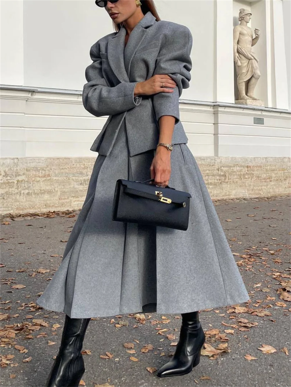 Elegant Grey Woolen Coat and Long Skirt Set Women Lapel Full Sleeve Jacket and A-line Pleated Skirt Lady Office Autumn Winter  O