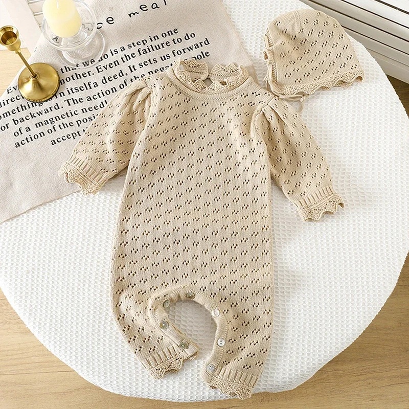

2025 New Autumn 0-24M Infant Baby Knitted Jumpsuit+Hat Long Sleeved Solid Color Hollow Out Toddler Baby Girl Knitted Romper