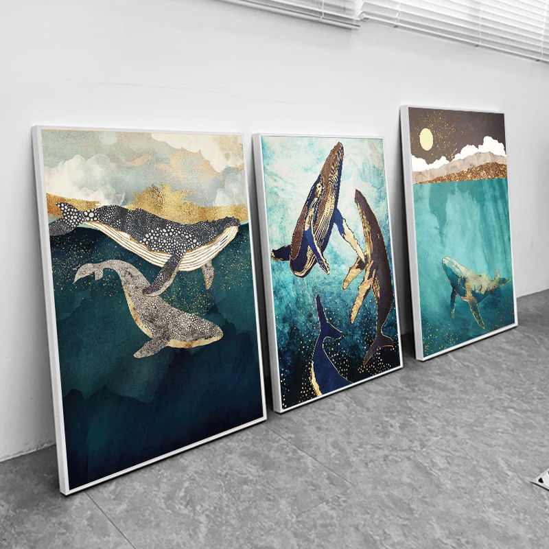 Nordic Big Whale Ship Sea Posters Canvas Painting Watercolor Marine Animals Wall Art Picture For Kid Room Home Decoration