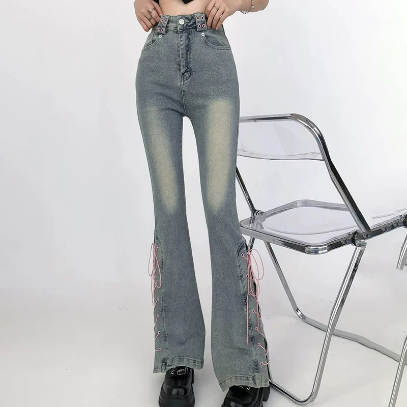

Strap Micro La Jeans Women's 2025 New Summer Hot Girls High Waist Chic Fried Street American Retro Slimming Denim Bell Pants