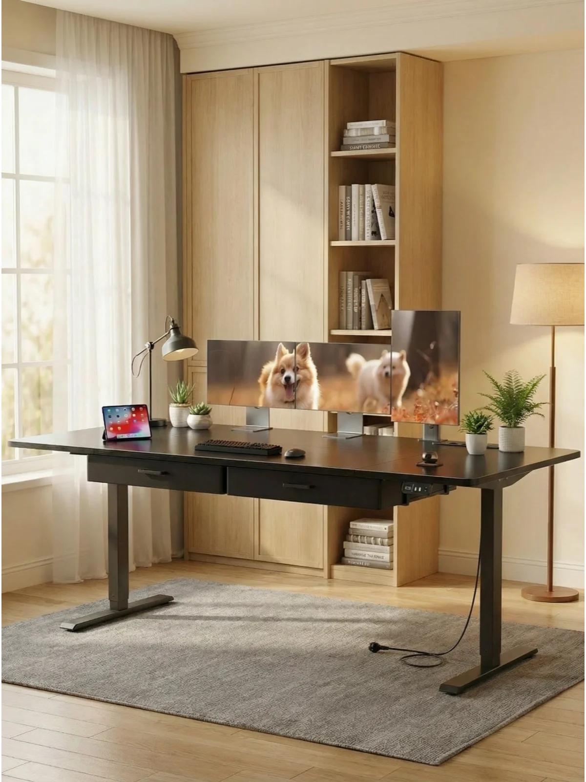120/140/160/180/200cm Elektrisch Höhenverstellbarer Schreibtisch, Robuster Großer Sitz-Steh-Tisch, Gaming-Schreibtisch mit Steckdose & Schublade