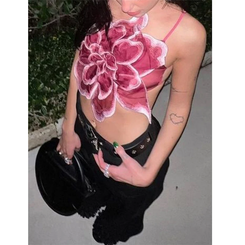 Summer Fashion Tank Top Women Cropped Cute Camis Sexy Crop Tops Female Sleeveless Backless Lace Flower Vest Y2k Clothes