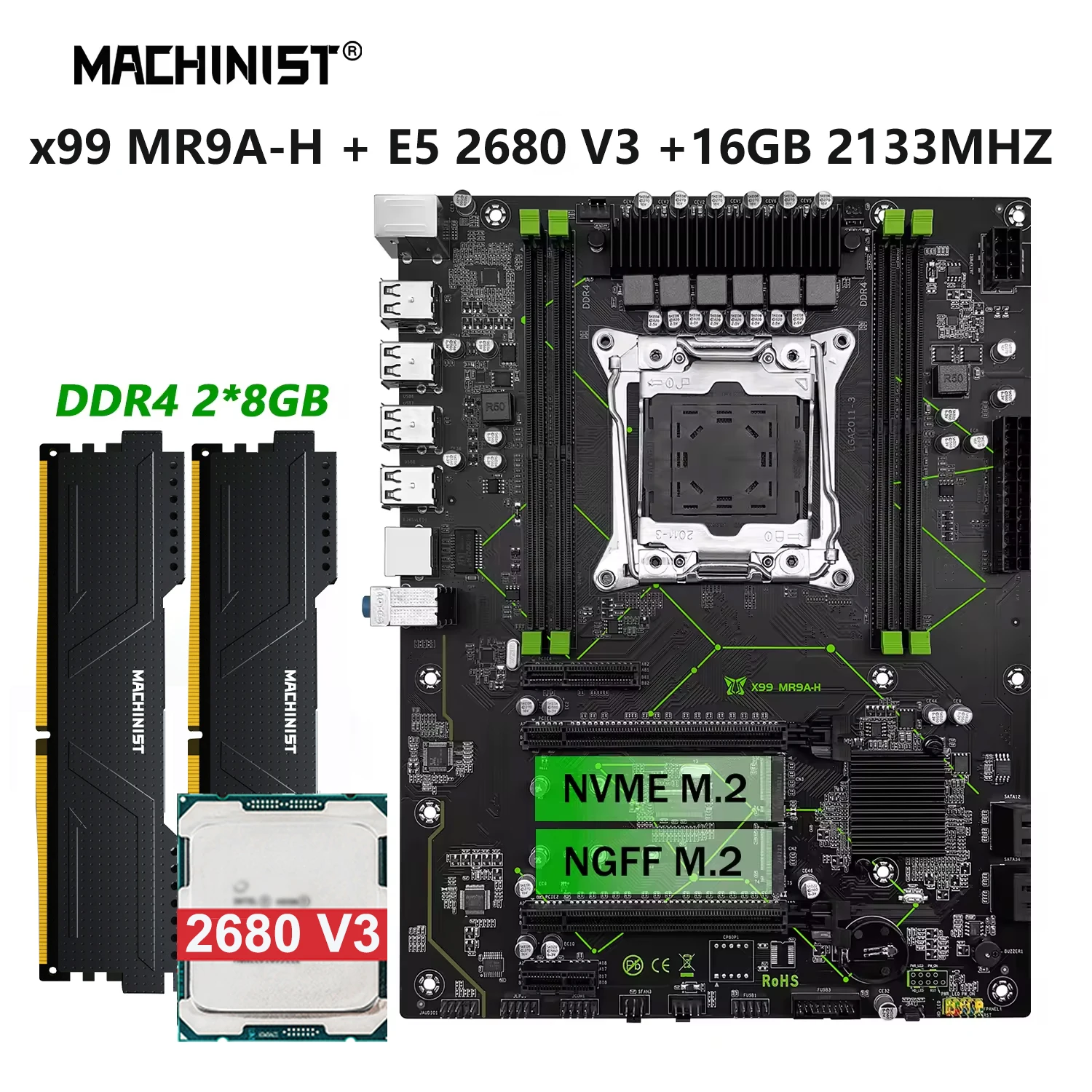 

Комплект материнской платы MACHINIST MR9A-H X99 LGA 2011-3 E5 2680 V3 Xeon, набор процессоров DDR4, 2*8 ГБ ОЗУ, 2133 МГц, комбинированная память ATX NVME
