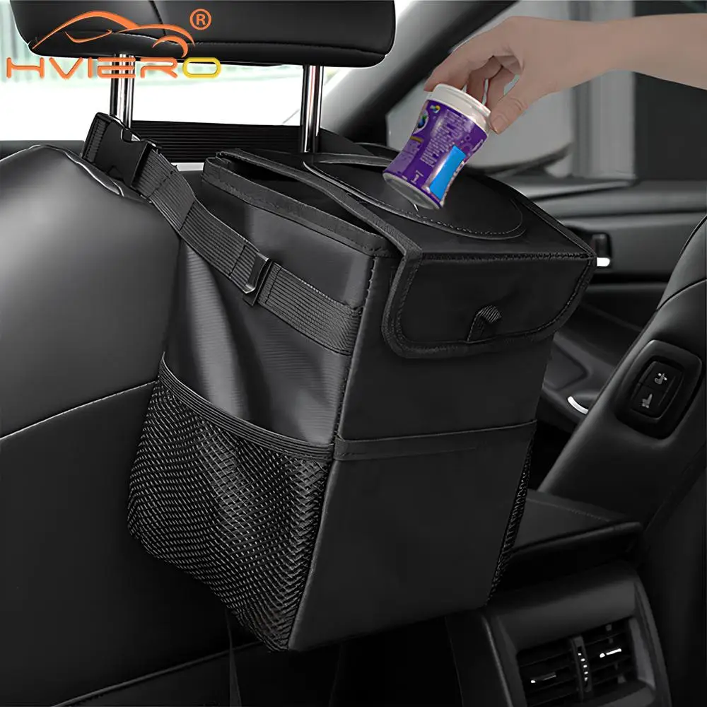 Trash Can with Lid and Storage Pockets 100% Leak Proof Organizer Waterproof Garbage Multipurpose Bin Black Load Dustbin for Car