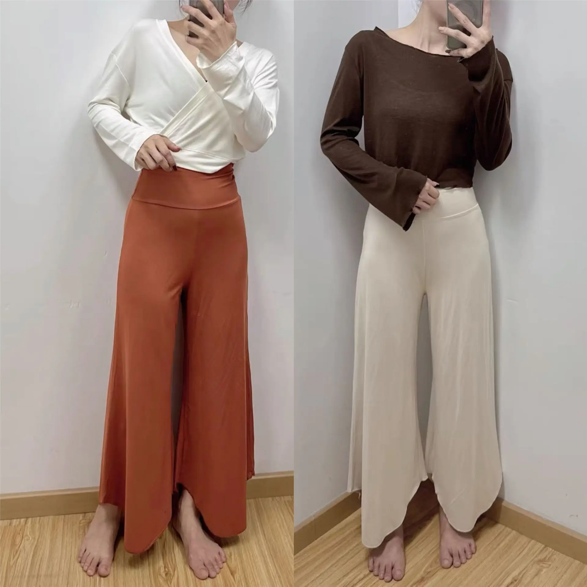 Pantalones de yoga informales, suaves, antibacterianos, de cintura alta, irregulares, de 8/9 de longitud, de pierna ancha, de tela de poliéster, básicos, de corte holgado