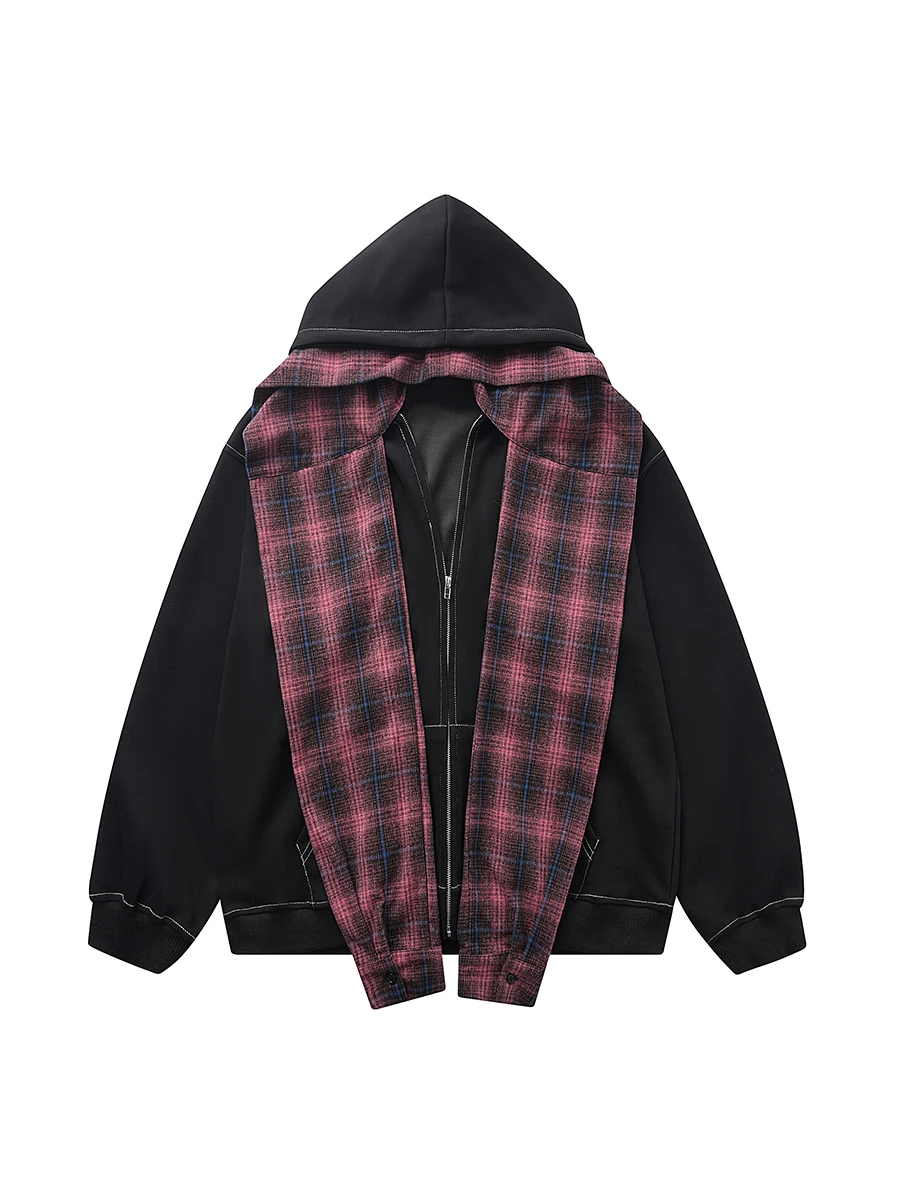 

TR Bruift American Retro Plaid Patchwork Hoodie Jaet Loose ex Long Sve Street Sle Zipper Closure Casual Wear