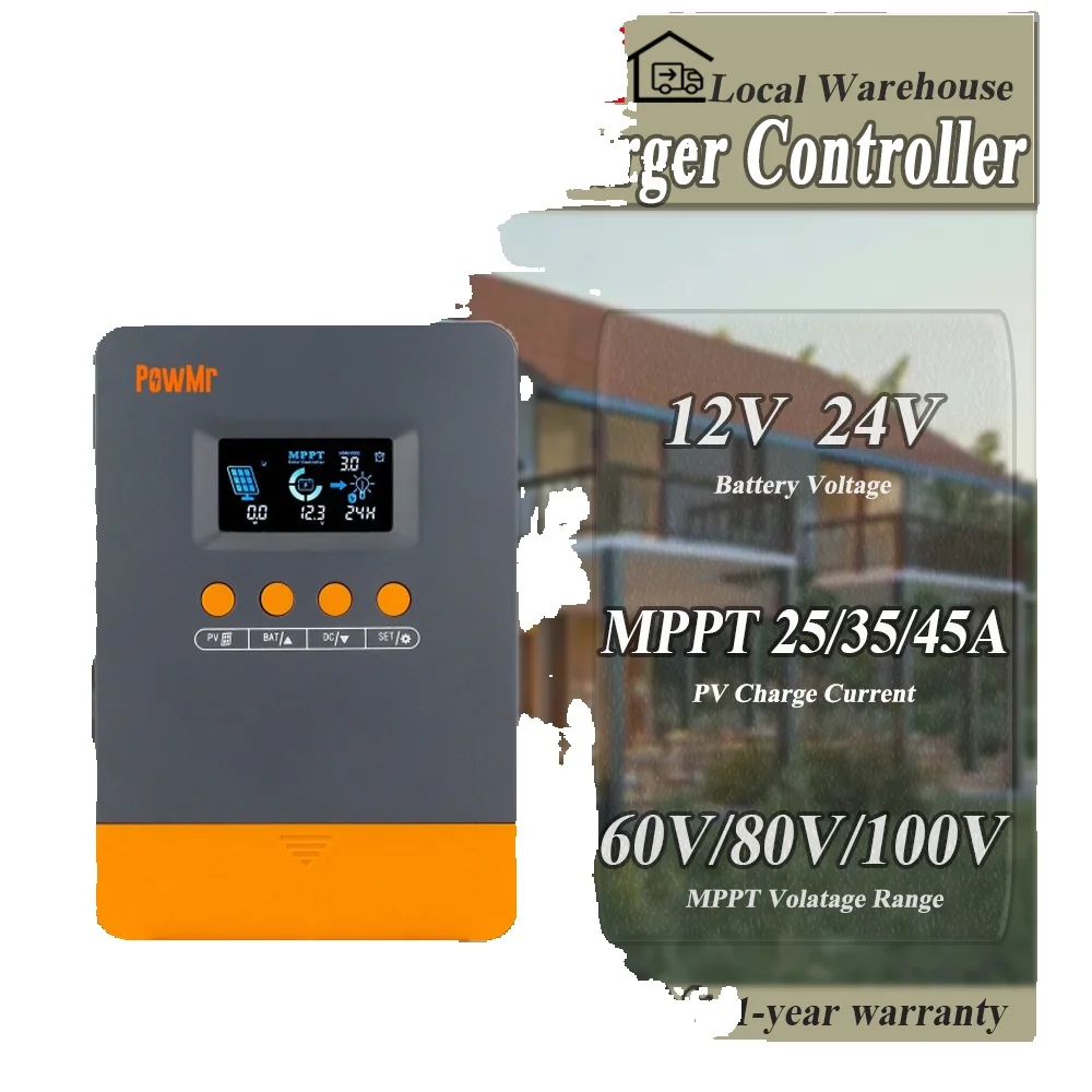Kontroler ładowania solarnego POWMr MPPT 25A/35A/45A 12V 24V Auto Max PV 100V 1080W Wejście do akumulatorów kwasowo-ołowiowych, litowych, LiFePO4 z wyświetlaczem LCD, regulowane parametry do solarnych — 2