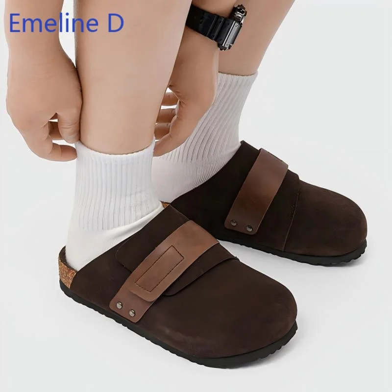 Men Casual Backless Mule Clogs Round Toe Suede Surface Cork Midsole Adjustable Buckle Strap Slip On Flat Daily Slipper Shoes