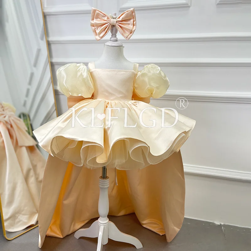 

Customized new elegant exquisite girl puff sleeve dress ornate satin children's puff tailgown girl beauty pageant clothing