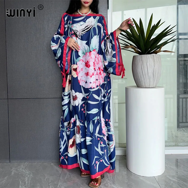 

WINYI Kuwait new blog Runway Designer Elegant party Dress Women Long Sleeve fashion Print abaya Middle East Female loose kaftan