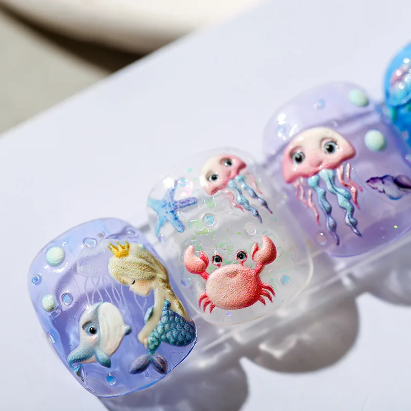 5D Cartoon Mermaid Crab Jellyfish Soft Reliefs Self Adhesive Nail Art Decorations Stickers 3D Nail Decals Wholesale Dropshipping