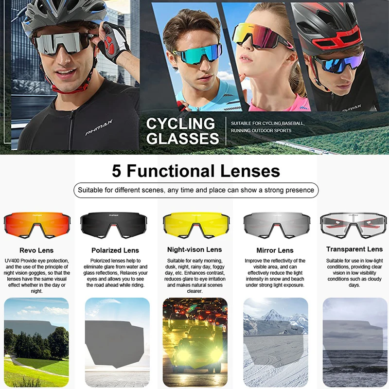 PHMAX-gafas de sol polarizadas para ciclismo para hombre, lentes fotocromáticas Anti-UV para bicicleta de carretera, gafas de visión nocturna