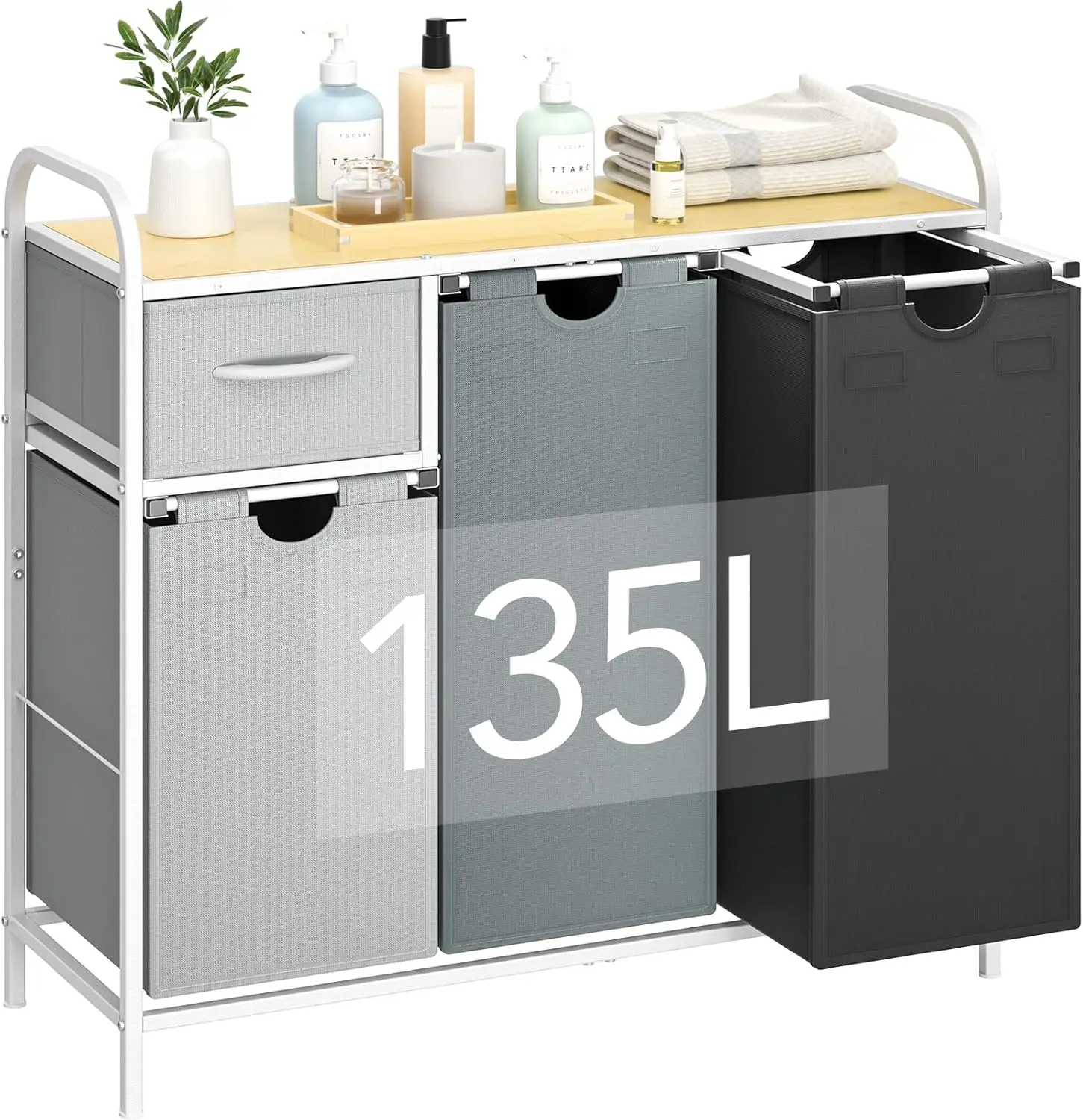 

Трехсекционный органайзер для белья с полкой и выдвижным ящиком, объем 35,7 галлонов, съемные тканевые мешки для организации дома