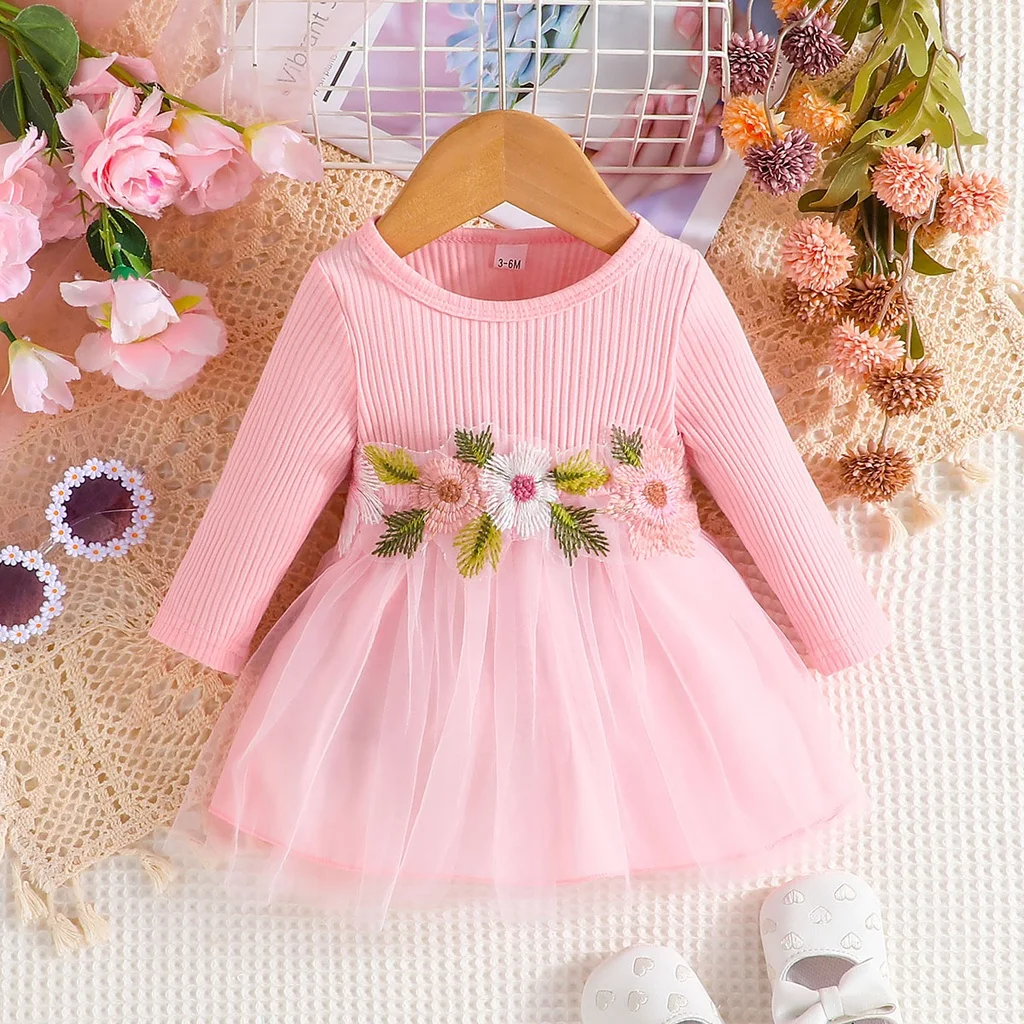 Dress For Kids 3-24Months Fashion Long Sleeve Cute Floral Embroidery Mesh Trim Tulle Princess Formal Dresses Newborn Baby Girl