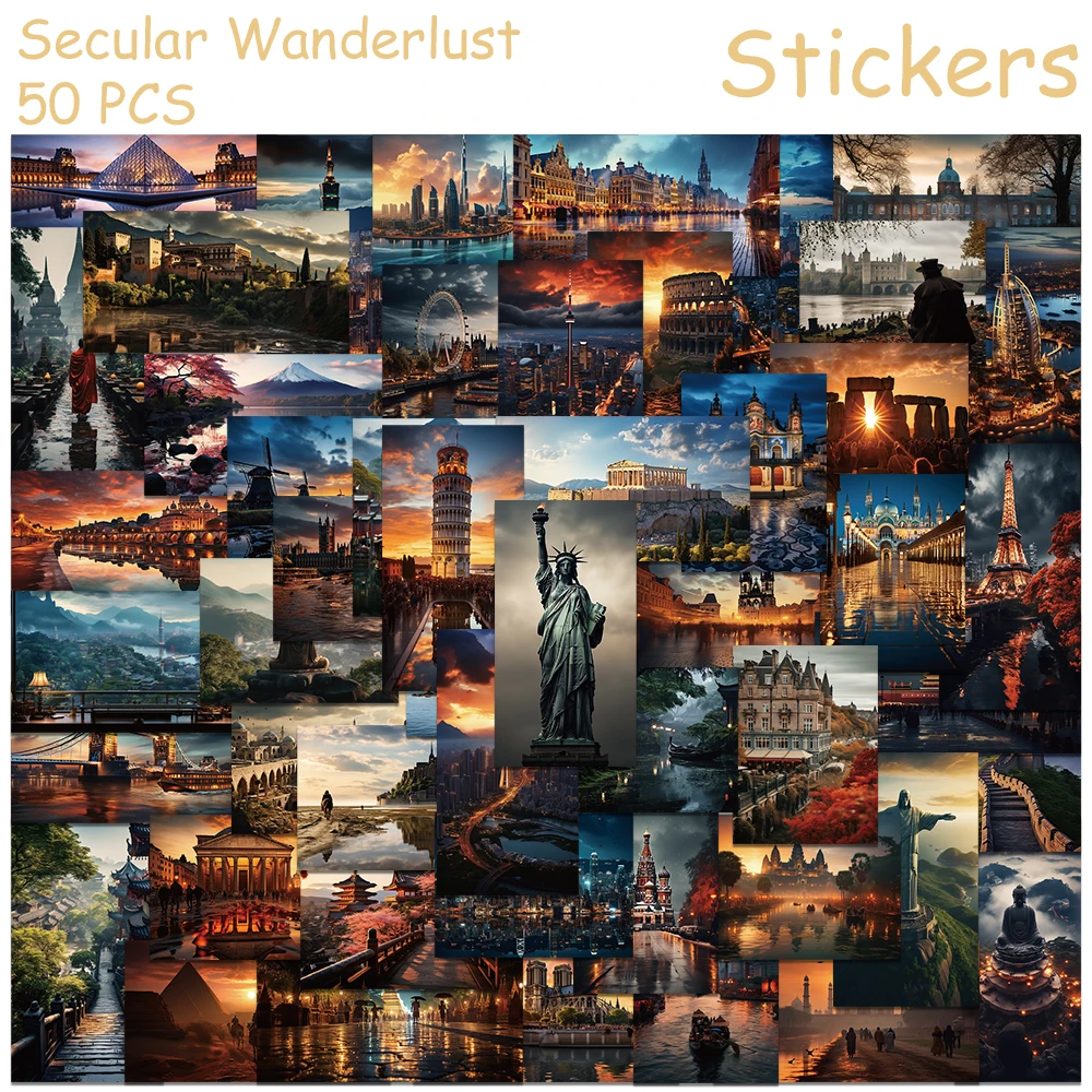 50pcs Secular Wanderlust Famous Buildings Stickers Decals For Phone Laptop Luggage Skateboard Scrapbook Waterproof Stickers