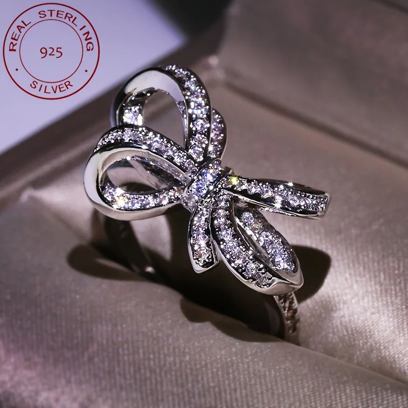 

Кольца из стерлингового серебра 925 пробы для женщин, ослепительные элегантные роскошные ювелирные изделия с бантом, свадебное кольцо на палец для девочек