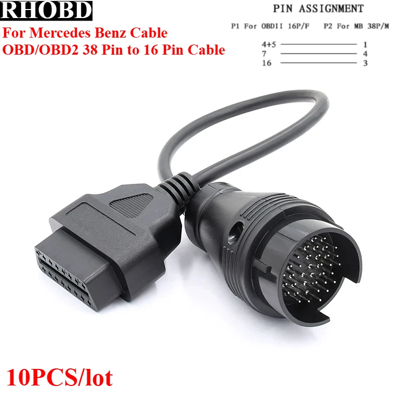 10 шт./лот для Benz 38-контактный на 16-контактный разъем «мама-папа» OBDII для Mercedes 38-контактный OBD-кабель-адаптер OBD2 сканер MB 38-контактный