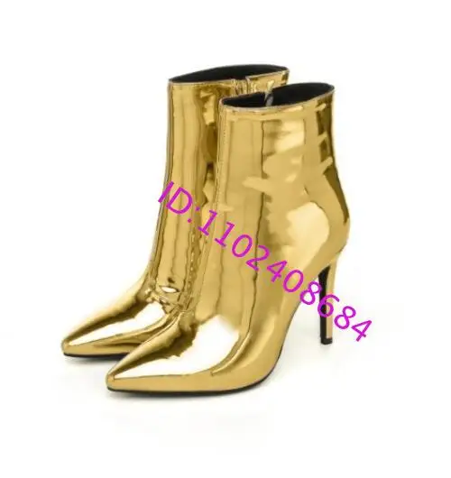 Fashion Woman Glitter Silver Gold Mirror Leather Pointed Toe High Heel Short Ankle Boots with Black Sole And Zipper Custom Make