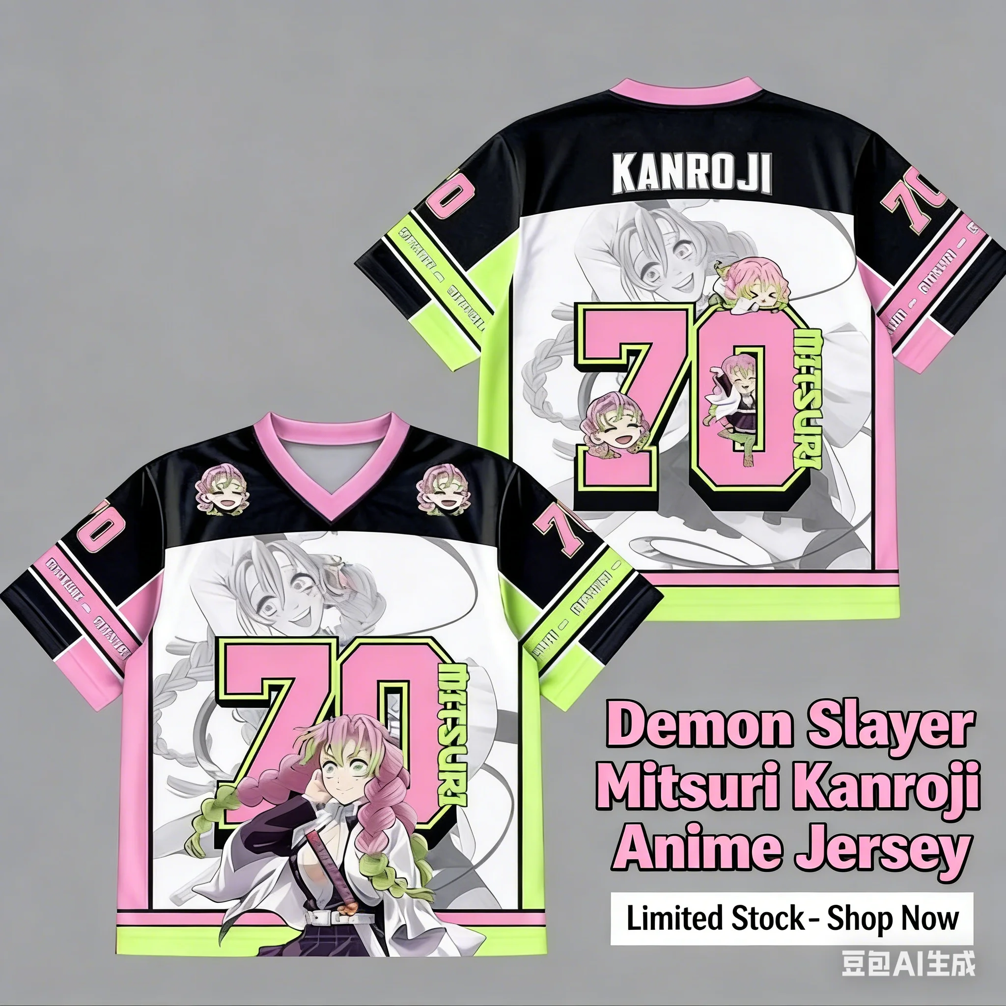 Demon Slayer Mitsuri Kanroji Anime-Serie Fashion 70 Jersey Oversize Kpop Baseball Hockey Outfit T-Shirt Täglich Unisex Tops Tees