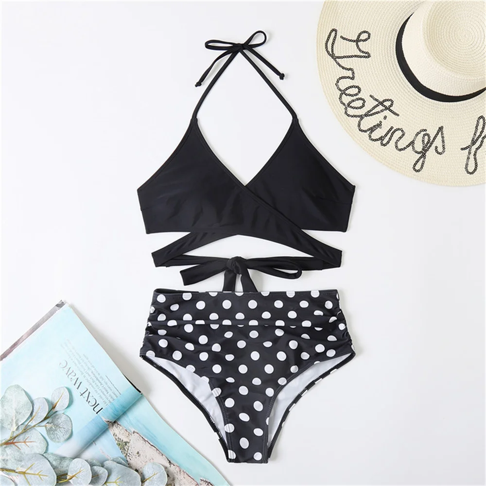 

Vintage Dot Bikini Black Top Cross Bandage High Waist Swimsuit Halter Push Up Swimwear Women Beach Bathing Suit Bikinis De Mujer