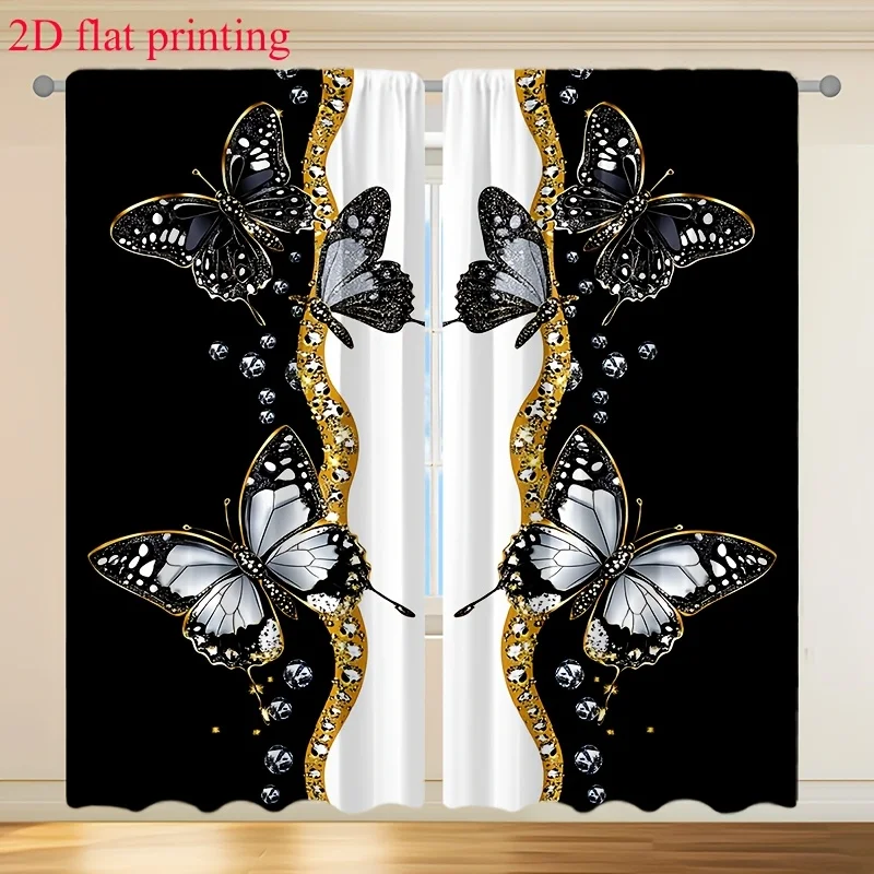 2PCS Digital Print Curtains, Black Gold Border Butterfly with Diamond Pattern, Luxury Glam Style for Living Room ／ Elegant